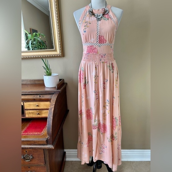 Jaase Endless Summer Bohemian Pink Floral Maxi Dress Smocked Halter Open Back M - Picture 2 of 16